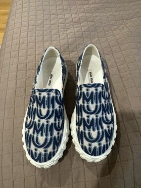 Miu Miu Blue and White Monogram Slip-On Sneakers